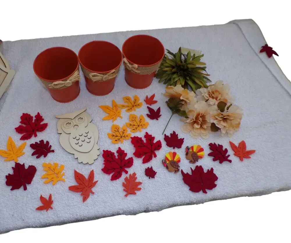 Fall Autumn Decor Craft Lot Silk Flowers Felt Leaves Metal Flower Pots Owl